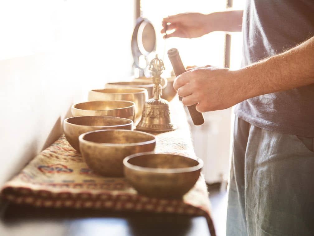 Tibetan singing bowls in sound therapy in spa center