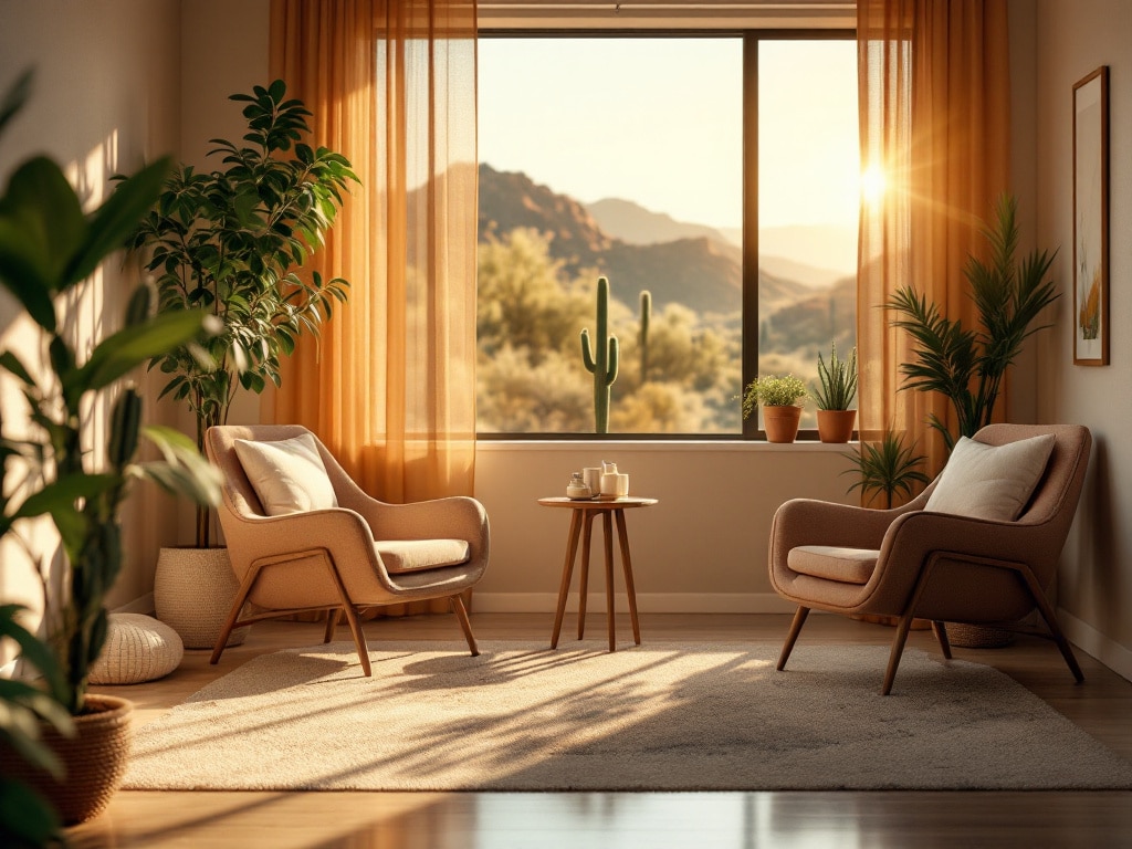 Cozy therapy room with two armchairs, a small table with tea set, and large window showcasing desert landscape, reflecting a calming environment for EMDR therapy in Scottsdale.