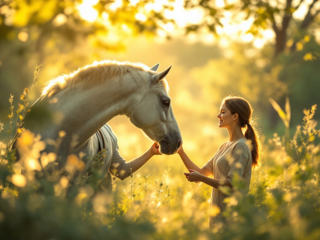 Woman interacting with a white horse in a sunlit outdoor setting, symbolizing the connection and emotional insights fostered through equine therapy for addiction recovery.
