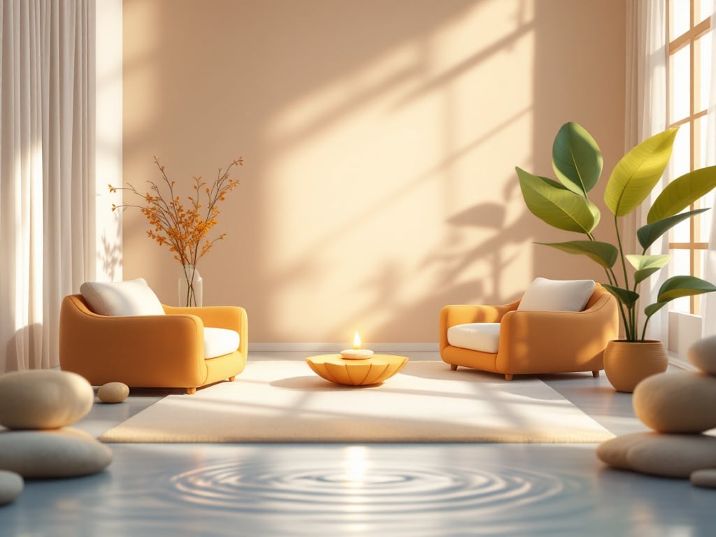 Cozy therapy room with orange armchairs, calming decor, and natural light, reflecting a peaceful environment for Dialectical Behavior Therapy (DBT) in residential treatment.